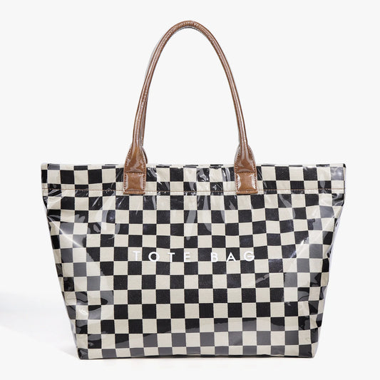 Fashionable retro checkerboard single shoulder tote bag for women, new commuter large capacity PVC handbag shopping bag